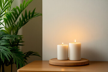Minimalist office corner with candles plants and soft textiles intentional calm workspace