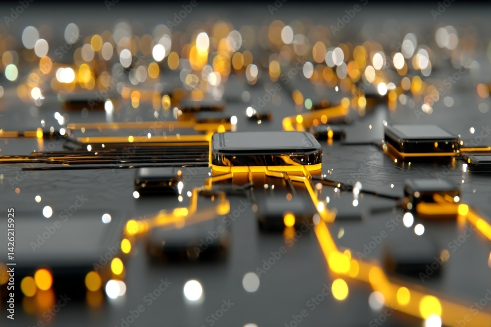 Poster Close-up view of a circuit board showcasing intricate pathways and glowing connections