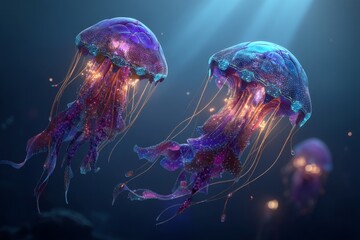 Fototapeta premium Colorful jellyfish swim gracefully through the deep ocean, illuminating the dark water with bioluminescent light