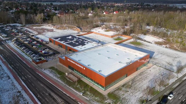 12.1.25 Falkensee GER, Indoor pool winter. Nice aerial view flight drone
