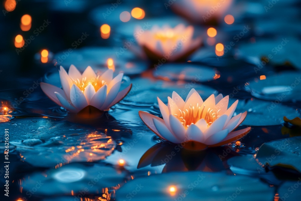 Poster floating lotus flowers illuminate the pond at twilight with warm, gentle lights creating a tranquil 