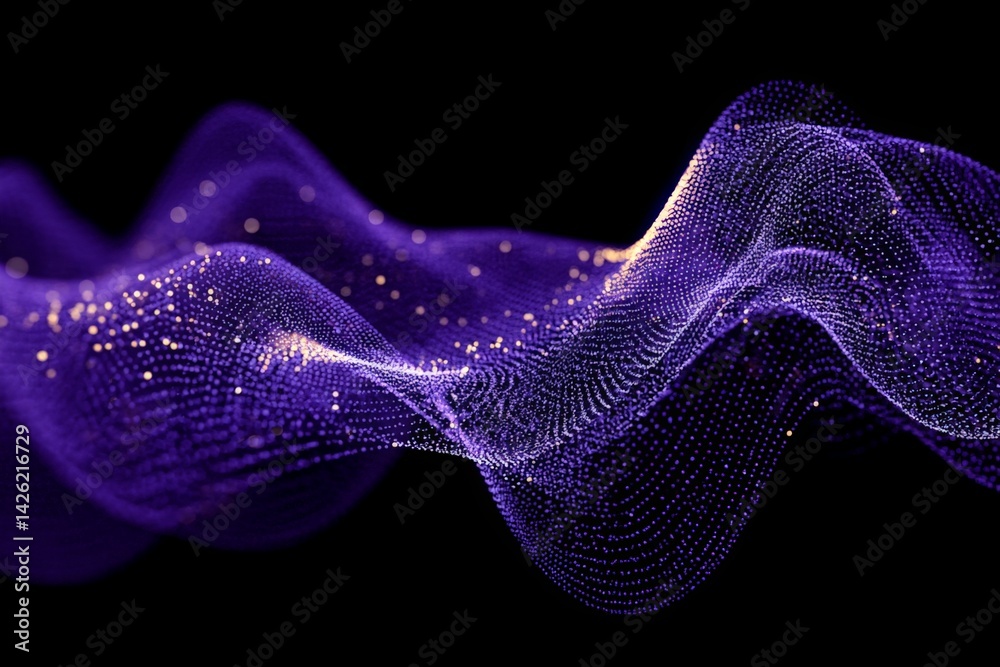 Poster Dynamic purple wave with glowing particles on a black background illustrating abstract digital design