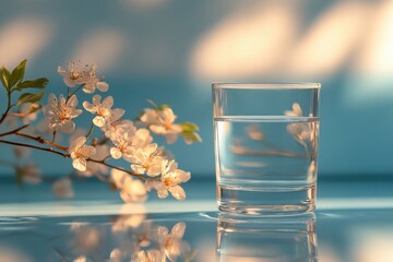 Glass vessel with clear liquid in serene environment