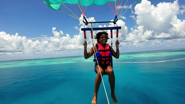 A person enjoying parasailing over a vibrant blue ocean.