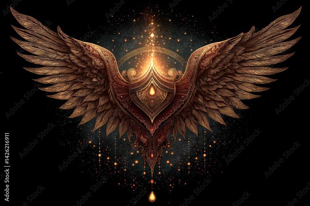 Poster intricate golden winged design with royal emblem and mystical elements against a dark background