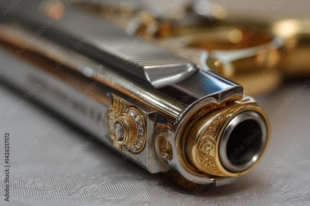 Poster detailed close-up of an ornate firearm showcasing intricate engravings and a shiny metallic finish