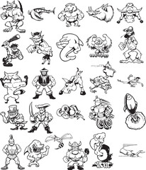 black and white set of cartoon characters of pirate, cartoon characters of various animals and fish