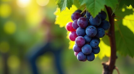 A Lush Bunch of Ripe Grapes Hanging from a Vine in a Sunlit Vineyard