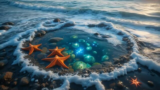 Coastal magic: Sparkling tide pool with starfish and gentle waves at sunset view