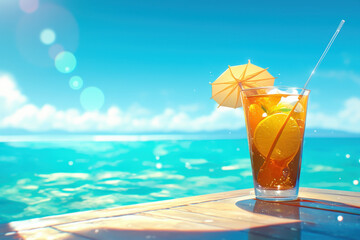 Glass of orange juice on wooden table next to a plate of breakfast items in soft morning light.