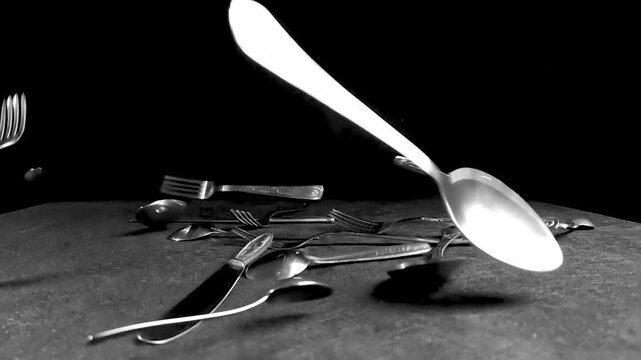 Knives forks and spoons - cutlery. Set of metal cutlery falling on black background