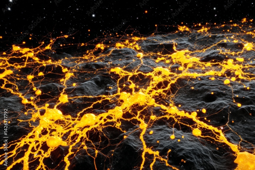 Poster vivid neural network resembling molten lava flowing through a cosmic landscape with a starry backgro