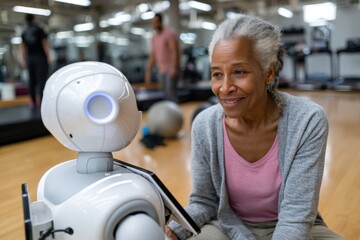 An inspiring interaction between an elderly woman and a humanoid robot, fostering connection through technology in a fitness environment promoting health and companionship.