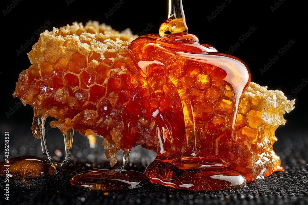 Poster natural honey dripping from honeycomb on a black background showcasing its rich texture and golden c