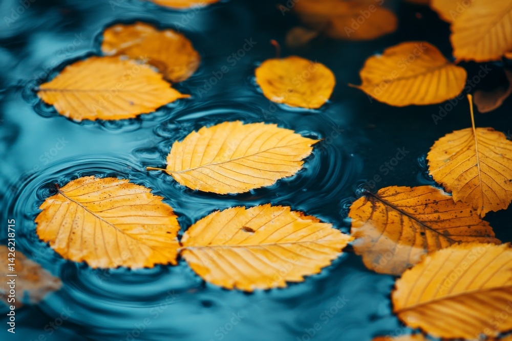 Poster raindrops create ripples around vibrant autumn leaves floating on calm water surface during a peacef
