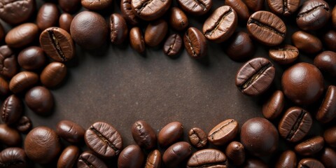 Obraz premium Roasted Coffee Beans Frame Background Rich Brown Tones and Natural Textures Perfect for Beverage or Food Product Advertisement