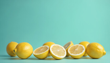 Lemon Background with copy space. Full and cut in half lemons