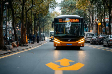 Obraz premium Public transport bus with eco branding driving through tree-lined avenue sustainable commuting 
