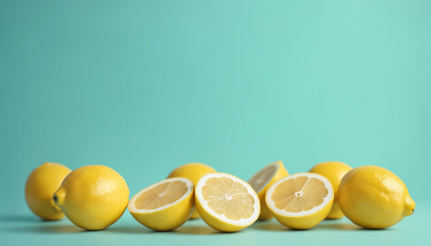 Lemon Background with copy space. Full and cut in half lemons