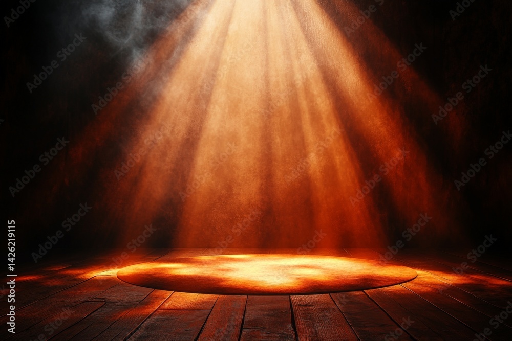Poster Light beams illuminate a circular stage on a wooden floor in a dimly lit environment during an artistic performance