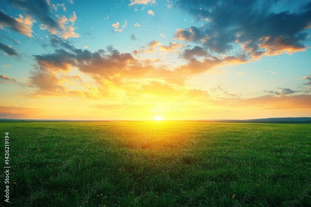 Poster sunrise over green field with colorful clouds in the sky creates a serene landscape at dawn in a tra