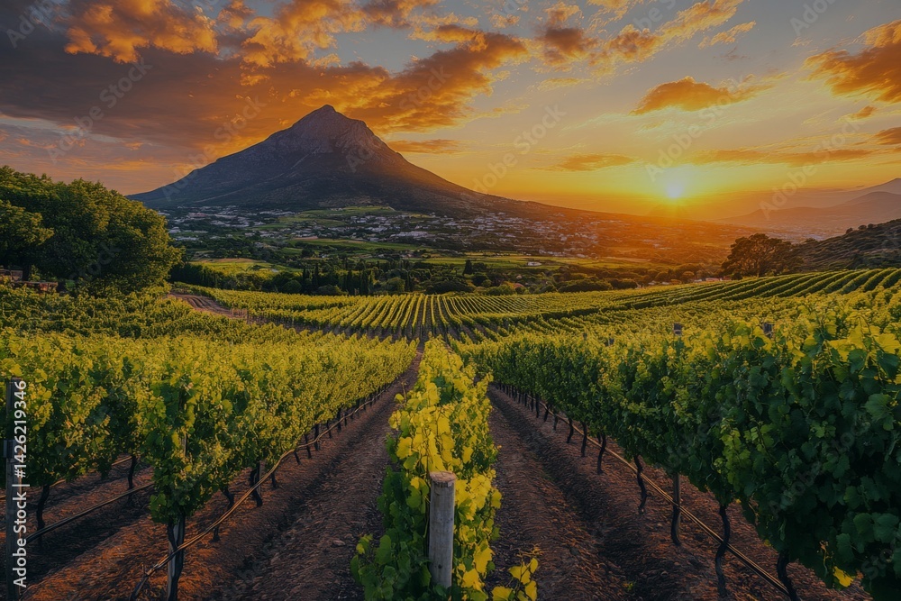 Aufkleber breathtaking vineyard view at sunset with mountains and lush grapevines under a colorful sky