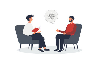 vector illustration of psychologist and patient talking in therapy session. Mental and psychological problems