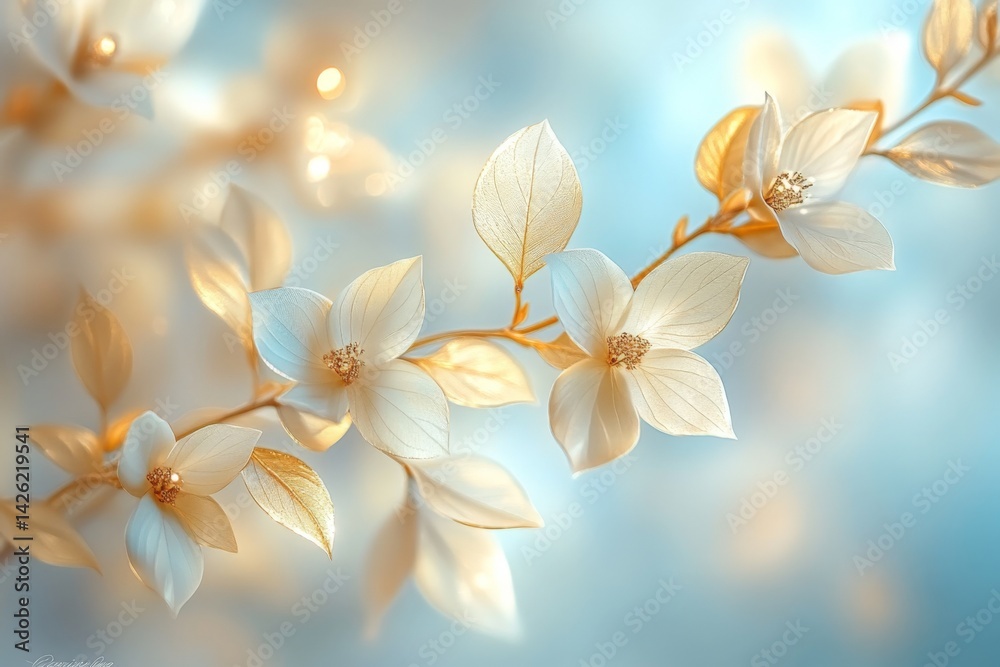 Aufkleber delicate white and gold flowers with soft blue background creating a serene and elegant atmosphere i