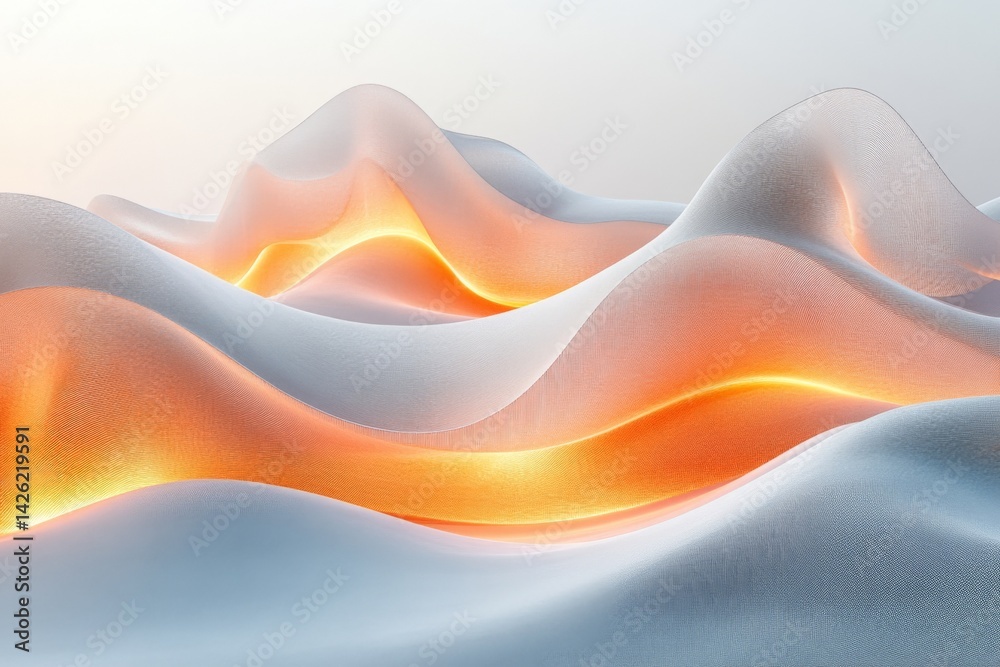 Poster Abstract landscape of flowing waves with soft light glowing through gently undulating fabric at dawn