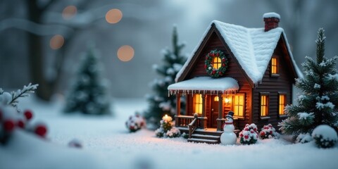 A Cozy Winter Wonderland Cabin Scene with a Charming Snowman and Festive Lights