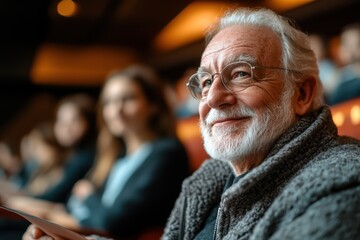 Obraz premium Elderly Man Smiling in Theater with Audience in Background