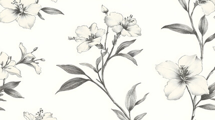 Elegant grayscale floral pattern;  delicate blossoms and leaves; white background; suitable for textile design