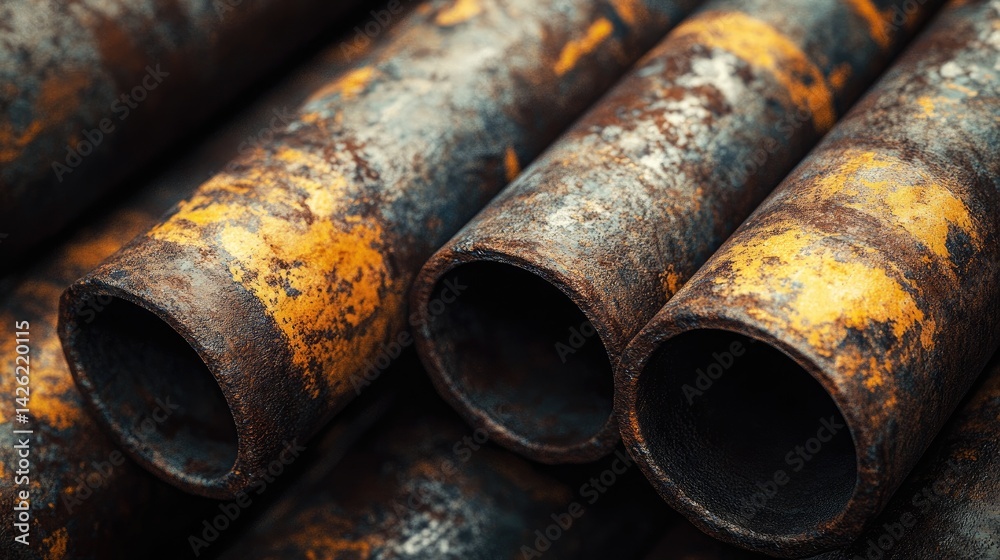 Poster detailed close-up of weathered and rusty industrial pipes, capturing the decay and aging process in 