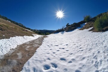 Sunlit snowy mountain trail with clear blue sky Serene winter hiking scenery Fresh snow on the ground.