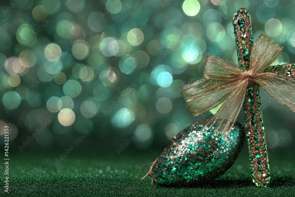 Aufkleber sparkling green decorations featuring a cross and an egg on a shimmering background during a festive
