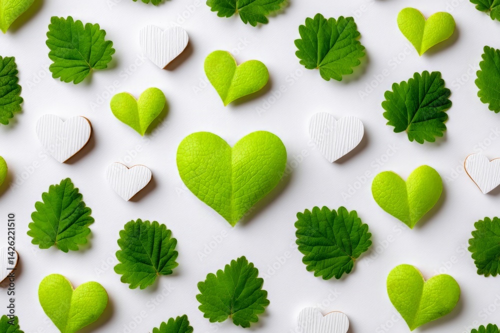 Poster green heart shapes with leaves arranged neatly on a white background for a fresh design concept