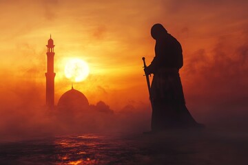 Silhouette of a Muslim Warrior at Sunset Near a Mosque