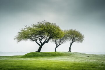 Obraz premium Tranquil landscape featuring three windswept trees on a serene grassy hill by the water during misty weather