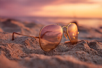 Aviator sunglasses rest on sand, reflecting sunset hues.  Image evokes relaxation, summer vacation, and beach lifestyle