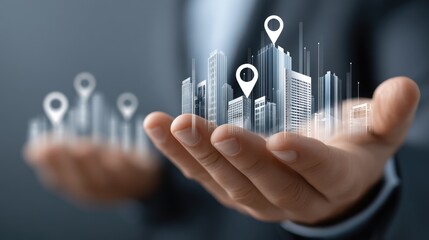 Businessman holds a digital cityscape with location pins, showcasing innovative real estate solutions against a dark blue backdrop