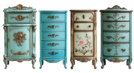 Set of chest of drawers shabby chic antique french provincial furniture collection with turquoise patina and gold accents transparent png. 