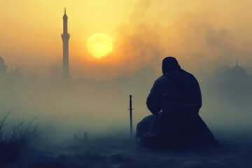 Lone Muslim Warrior's Dawn Prayer: A Silhouette of Faith and Reflection