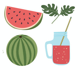  icons set of ripe fruit  halved slices, whole watermelons