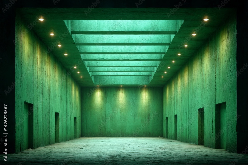 Poster unique empty space with green walls and ceiling lights creates a calm, modern atmosphere