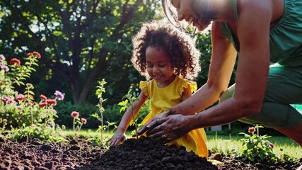 Low-angle video shot of a joyful child and adult gardening together in sunlight, capturing a vibrant, natural scene with blooming flowers.