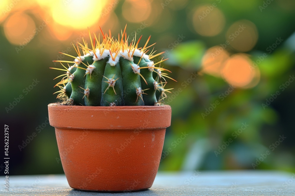 Poster Cactus with sharp spines in a terracotta pot during sunset creating a warm and inviting atmosphere