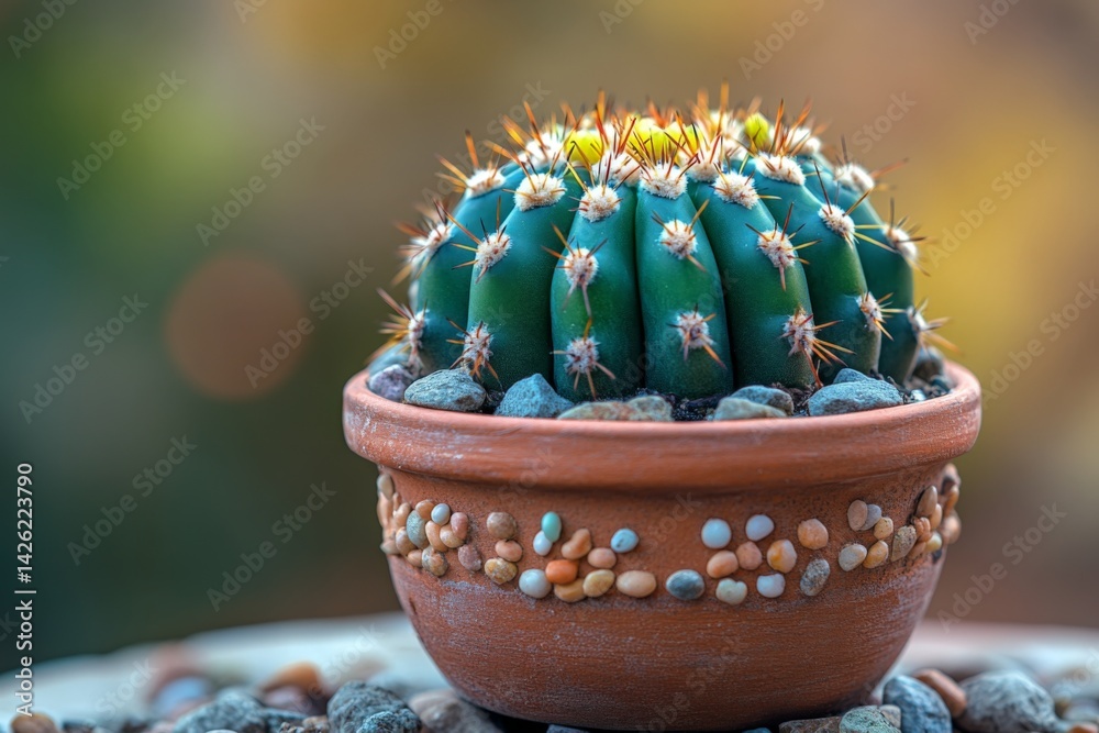 Poster close-up view of a vibrant cactus in a decorative pot surrounded by pebbles in a sunlit garden setti
