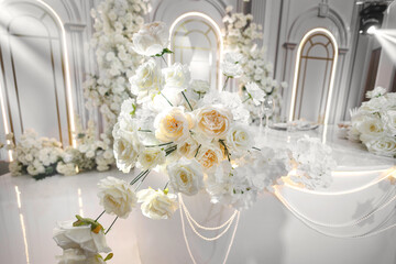 Luxurious wedding decor in the restaurant. Flowers, a spotlight, pearl beads.