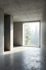 Fototapeta premium Sunlit Minimalist Concrete Room with Forest View Through Large Window