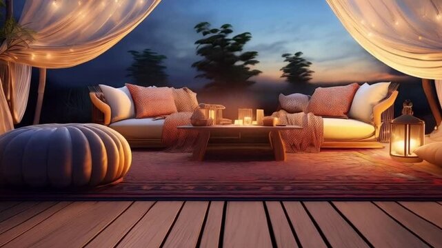 Boho Outdoor Lounge bei Sonnenuntergang
